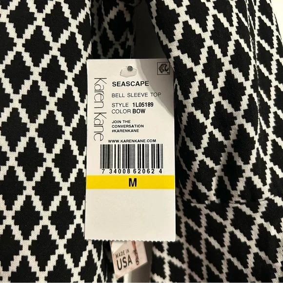 NWT Karen Kane Black & White Diamond Blouse Fitted Bell Sleeves Boat Neck Medium - Picture 4 of 8